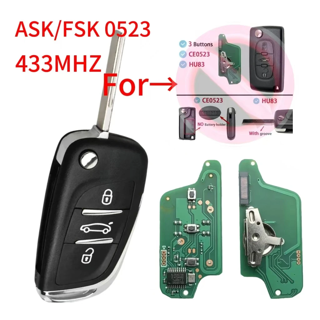 Jingxin Modified Flip Remote Car Key ASK/FSK 433Mhz ID46 For Peugeot 207 308 307 407 607 807 For Citroen C2 C3 C4 CE 0523car key