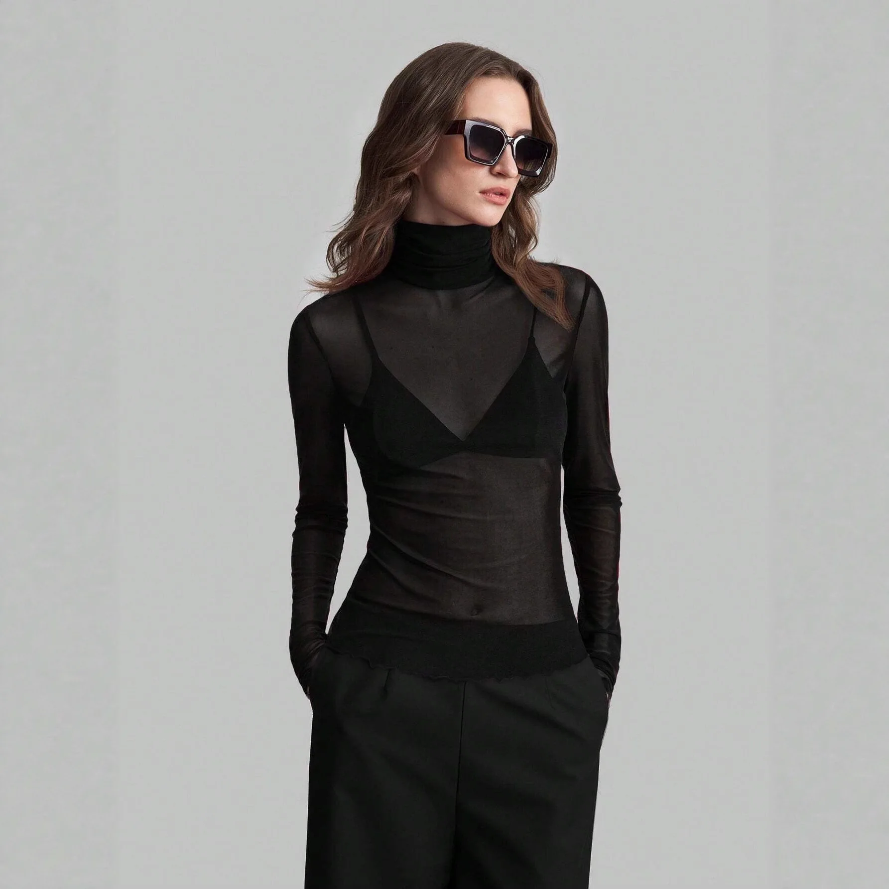 

2026 autumn new stand-up collar solid color mesh slim-fit long-sleeved slim temperament commuter top