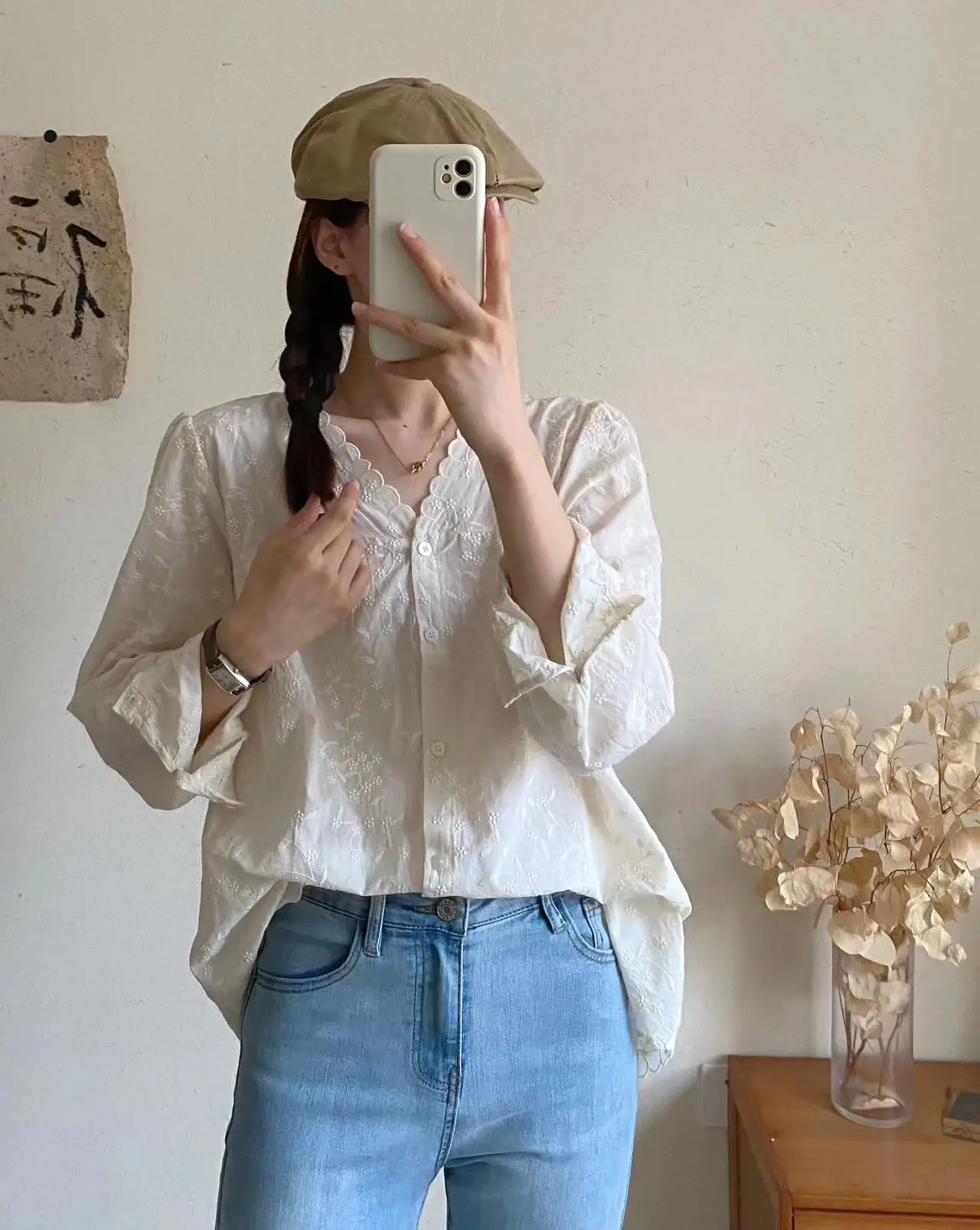 New 2025 Autumn Long Sleeve Cotton Shirt, Women V Neck Floral Embroidery, Mori Girl Retro Temperament Chic Loose Blouse T59878CC