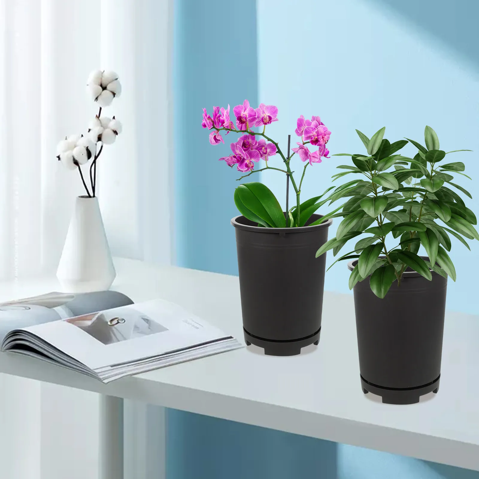 

1Set Plastic Planter Pot with Tray for Small Plants Bonsai Succulents Flower Container for Windowsill Balcony Decor