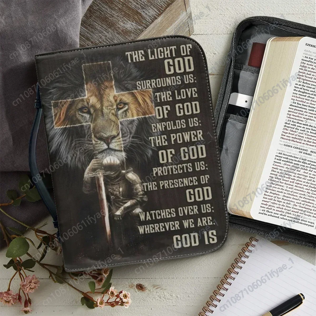 Classic Lion Bible Verse Sentence Print Bible Cover Case for Women Leather Zippered Handle Handbag Study Book Holy Storage Boxes