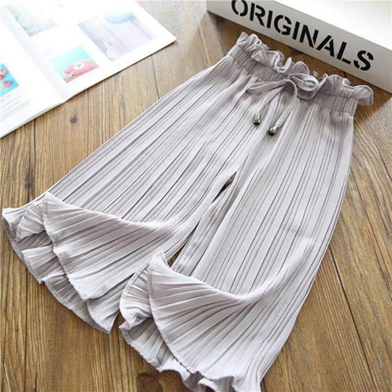 New Girls Pants Solid Loose Pleated Wide Leg Pants Toddler Kids Mid-Waist Casual Fashion Versatile Outdoor Cool Trousers 2-10Y