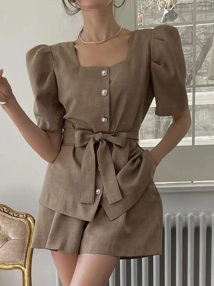 

Fashion Short Sets 2023 VONDA Women Elegant Suits 2pcs Summer Short Sleeve Square Collar Shirts and Shorts Casual Belted Suits