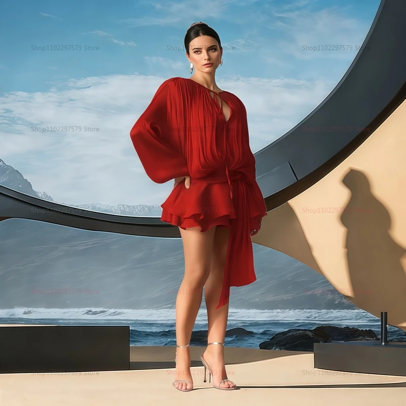 فستان نسائي قصير أنيق ومريح للاستخدام اليومي ومثير من الدانتيل ورقبة على شكل حرف V وأكمام طويلة من الدانتيل والشيفون اللطيف للحفلات