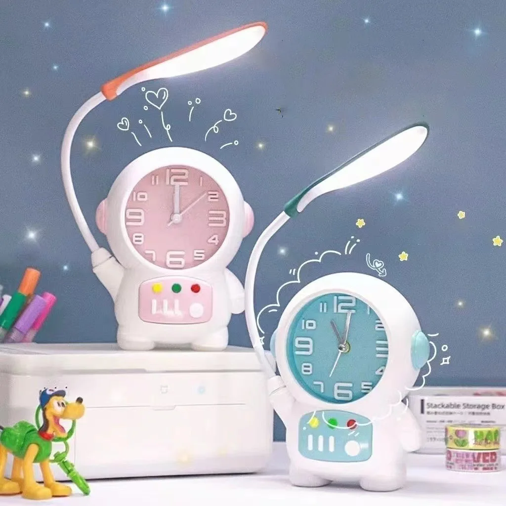 Cartoon Desk Lamp with Alarm Clock Eye Protection Night Light Desk Lamp Light Children Kids Reading Study Bedroom Living Room