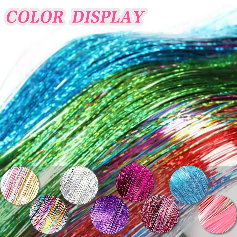 Extensiones de cabello sintético de 20 pulgadas con clips y brillantina, 6 piezas por set, resistentes al calor, para mujeres y niñas 4