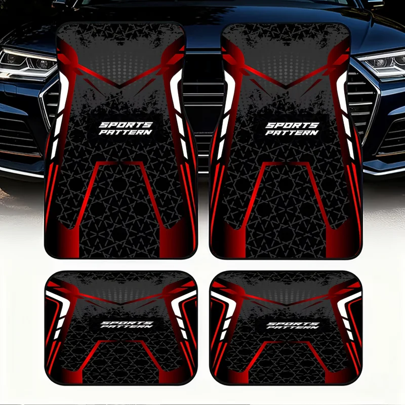 4 Set of Sports-Patterned Car Floor Mats, Futuristic Design Featuring Black and White Geometric Patterns with Red Accents, Moder
