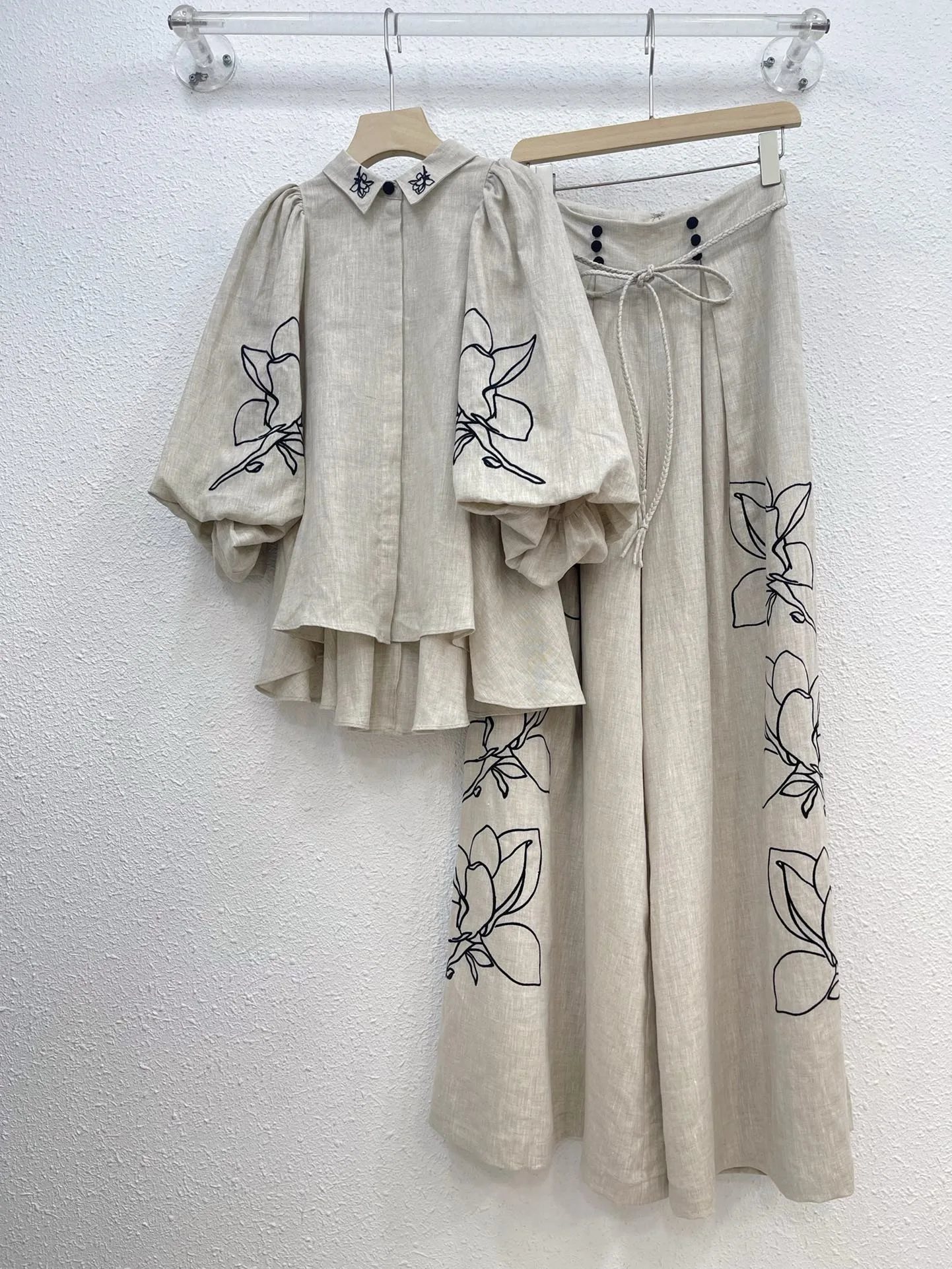 

EVACANDIS 100% Linen Women Puff Sleeve Shirts and Long Wide Leg Pants Sets Chic Embroidery Vintage Casual High Quality Elegant