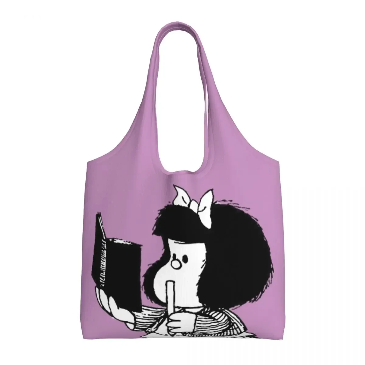 Custom Mafalda With Notebook Grocery Shopping Bags Canvas Shopper Shoulder Tote Bag Big Capacity Portable Quino Comic Handbags