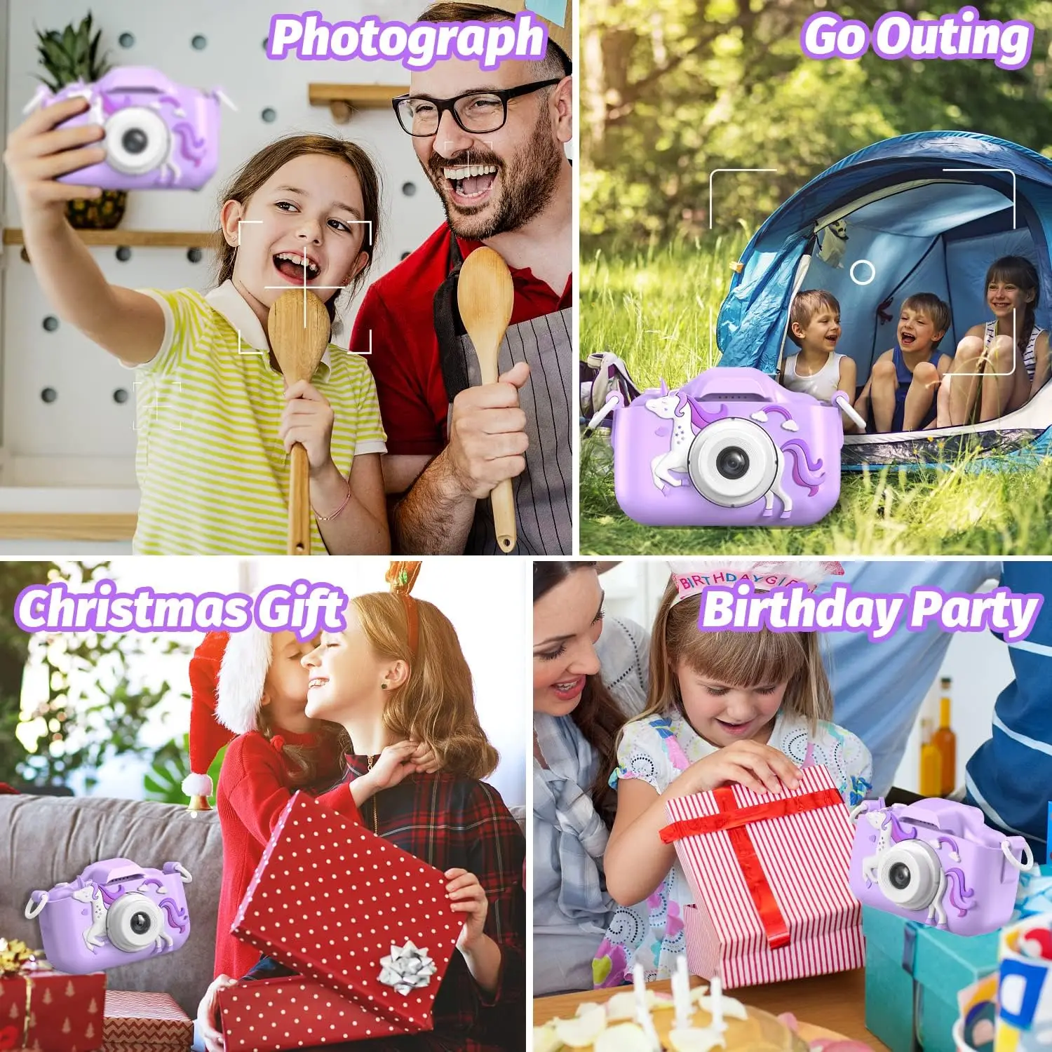 Cameraspeelgoed voor kinderen voor 3-12 jaar oud, 2,4 '' HD-scherm Digitale camera met cartoonstickers/frames. Perfect verjaardagscadeau voor kinderen