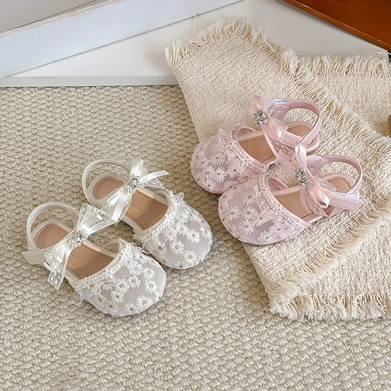 Kid's Shoes Girls' 2026 New Flower Mesh Lace Sandals Fashion Princess Shoes Lightweight Flat Bottom Children's Shoes Size 21-30