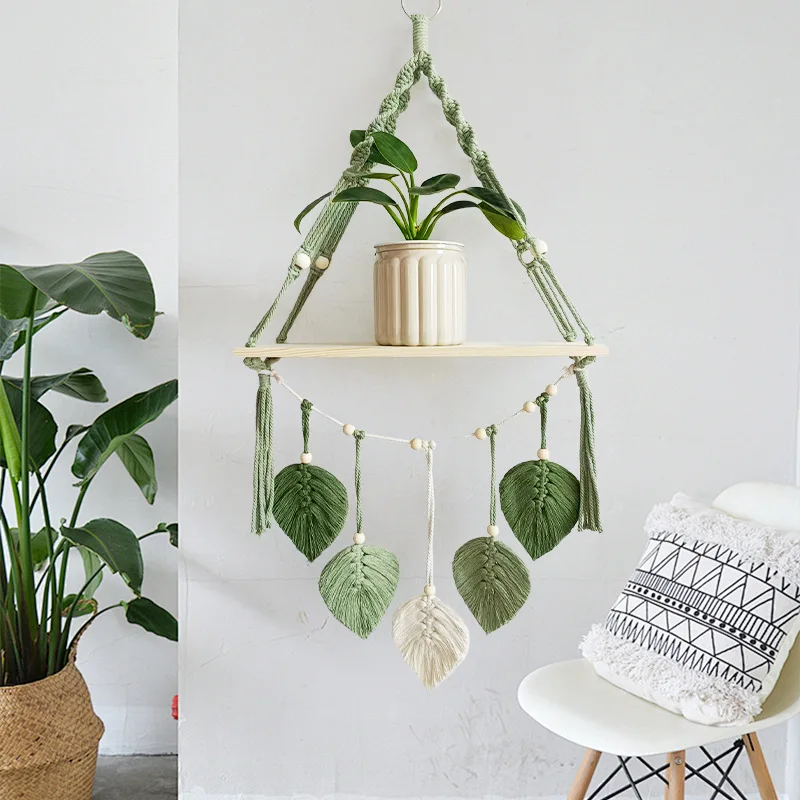 Macrame Wall Hanging Shelf Handmade Cotton Woven Leaf Wooden Floating Shelf Boho Wall Decor Plant Rack for Bedroom Living Room
