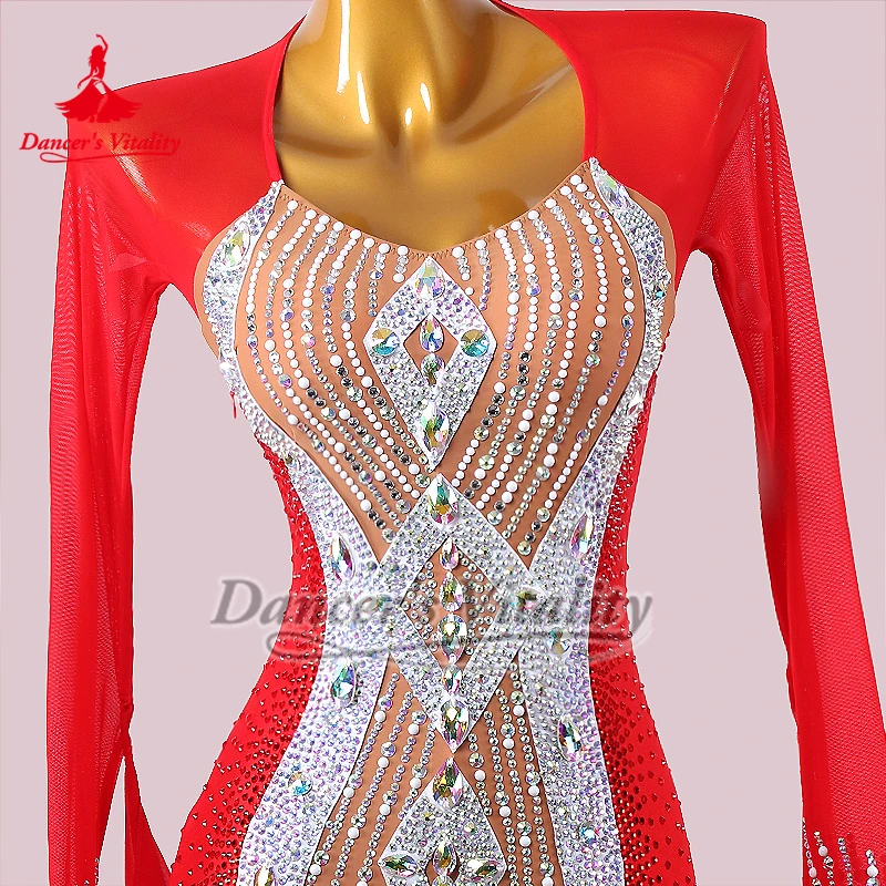 볼룸 댄스 하이 엔드 사용자 정의 빨간색 긴 소매 성인 왈츠 퀵 스텝 탱고 대회 복장을위한 우아한 빅 스윙 드레스