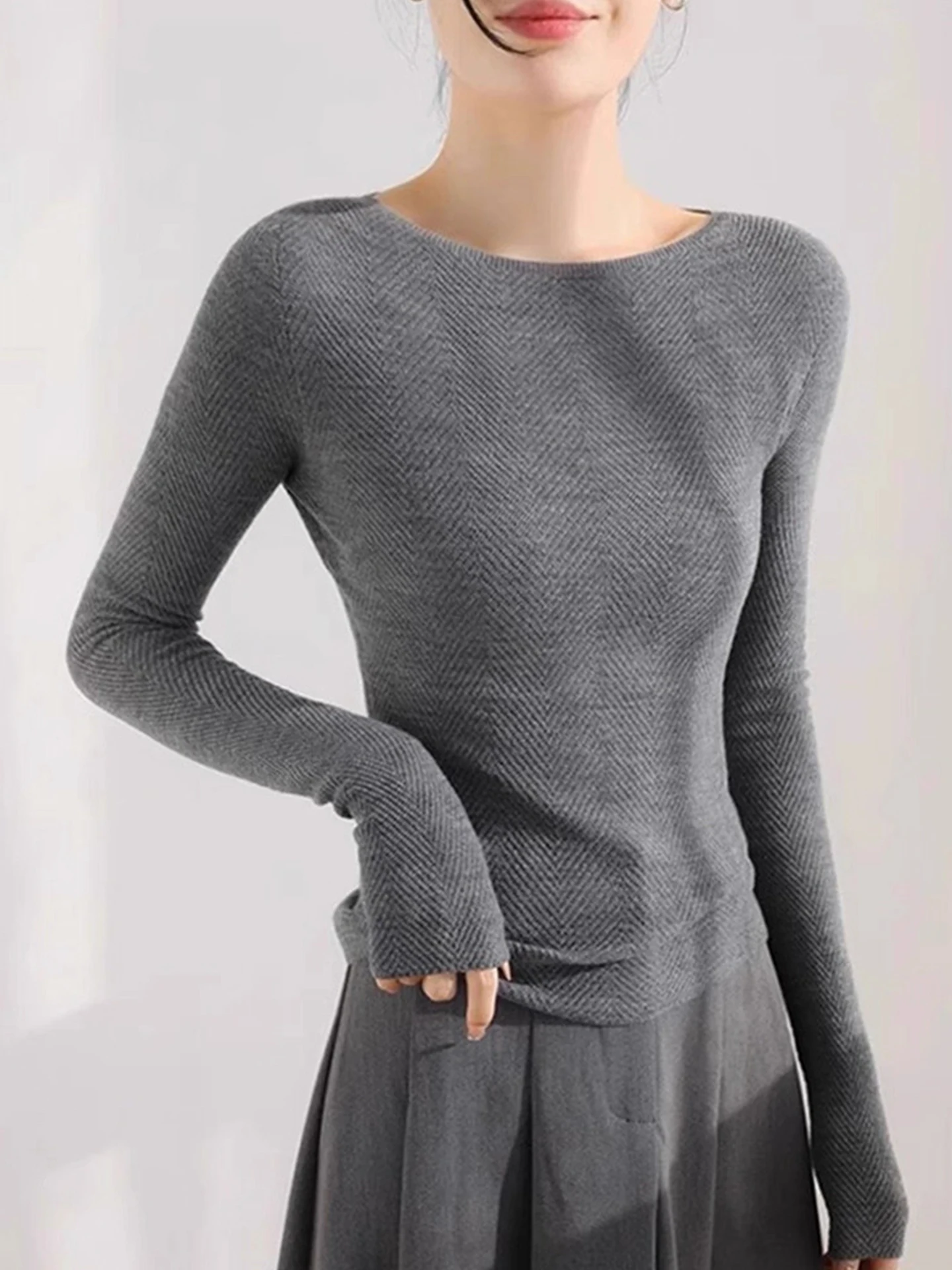 

Женский свитер с вырезом-лодочкой и длинными рукавами, весна-осень, 100% шерсть, тонкая вязка, базовый слой, машинная стирка, облегающий шерстяной свитер