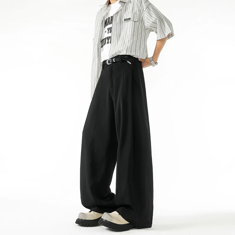 Men's Solid Color Formal Dress Pants Streetwear Long Pants High Waist Wide Leg Suit Pants Summer Drape Loose Fit Casual Trousers