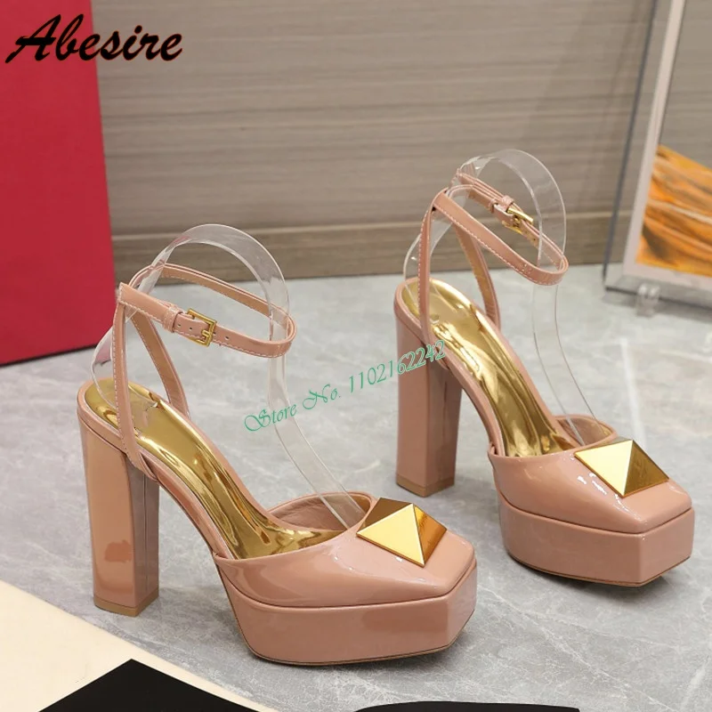 Jesień Nowe Rivet Water Platform Pumps Square Toe Thick Heel Buckle Strap Runway Shoes Fashion Party Dress Sandals For Women 43