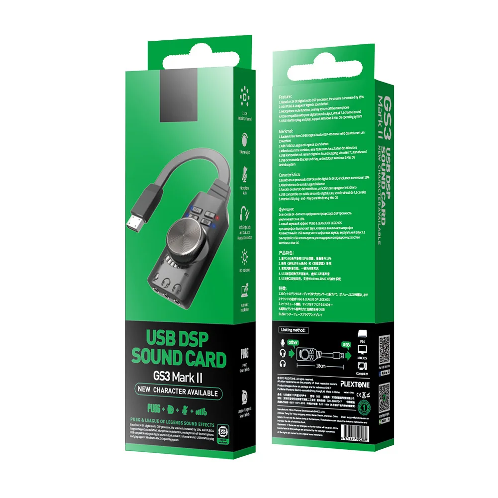 GS3 Adaptador conversor de placa de som de 7.1 canais Fone de ouvido de áudio USB externo para PC