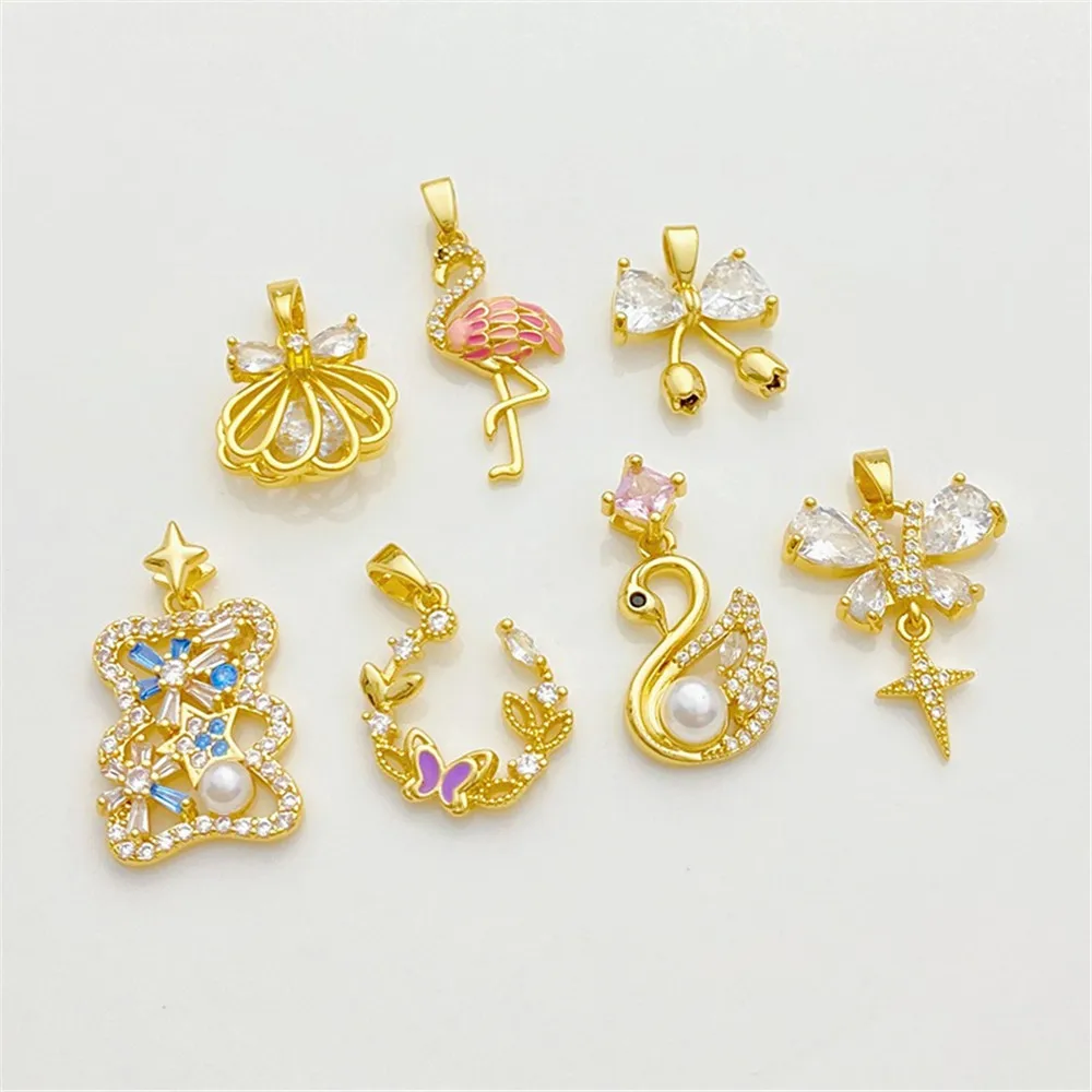 

14K Gold-plated Color-preserving Zirconia Swan Bow Shell Pendant DIY Hand Chain Necklace Jewelry Material Accessories