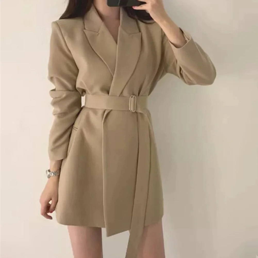 المرأة طويلة الأكمام التلبيب حزام ضيق الخصر Vintage وصول سترة أنيقة مكتب سيدة معطف الإناث معطف الربيع الخريف