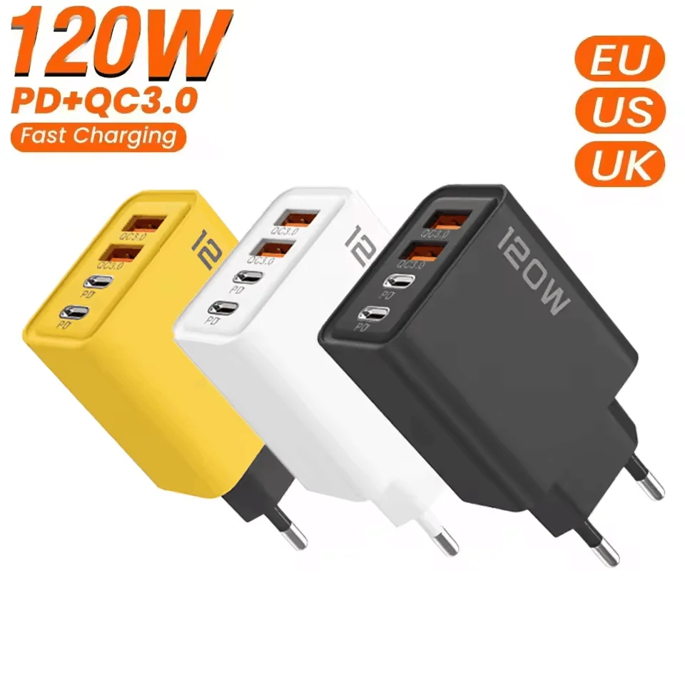 120W 4 in 1 USB C Charger Phone Fast Charger Power Adapter For iPhone Samsung Xiaomi Quick Charge 3.0 EU/US/UK Plug Wall Charger