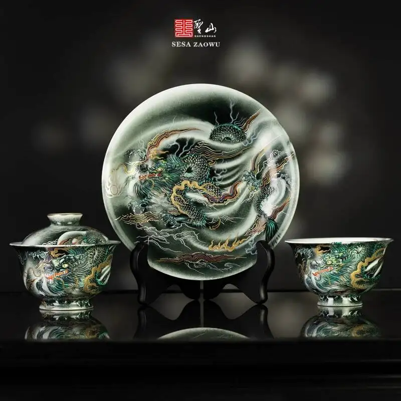 Sacred Mountain Original National Trend Enamel Pastel Paintwork'green Dragon Brings Rain' Tea Set Jingdezhen Handmade Ceramic