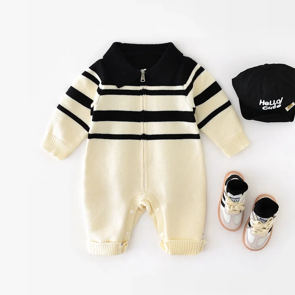 

Autumn Baby Boys Knitted Romper 0-24 Months Cream & Black Stripe Collared Nautical Style Zipper Front Infant Jumpsuit