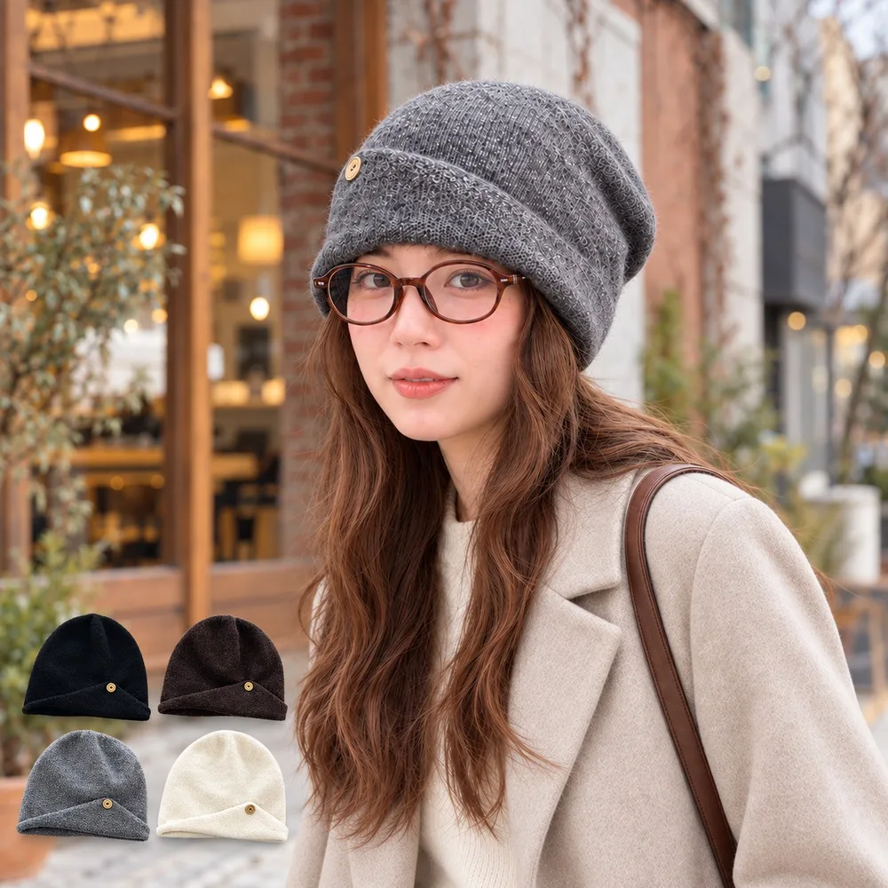 Women Winter Slouchy Beanie Hat Soft Knitted Cap Asymmetric Folded Cuff Solid Color Warm Headwear for Daily Wear Travel