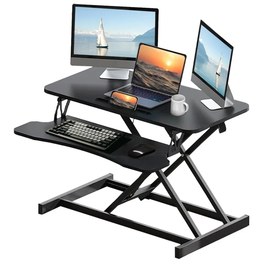 32 Inch Adjustable Sit to Stand Desk Converter Dual Monitor Laptop Workstation Black Wide Keyboard Tray