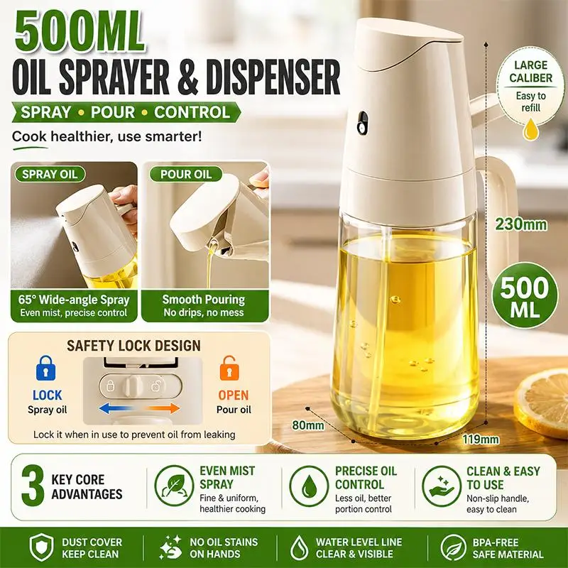 2in1 Oil Bottle With Spray Pour 500ML Multifunctional Kitchen Glass Oil Can For Cooking Sprayable And Pourable