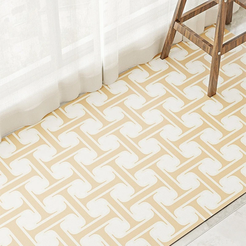 Pale Yellow SriLankan Pattern PVC Leather Rug Waterproof Oil-proof Stain-resistant Kitchen Carpet Large Area Non-slip Floor Mats
