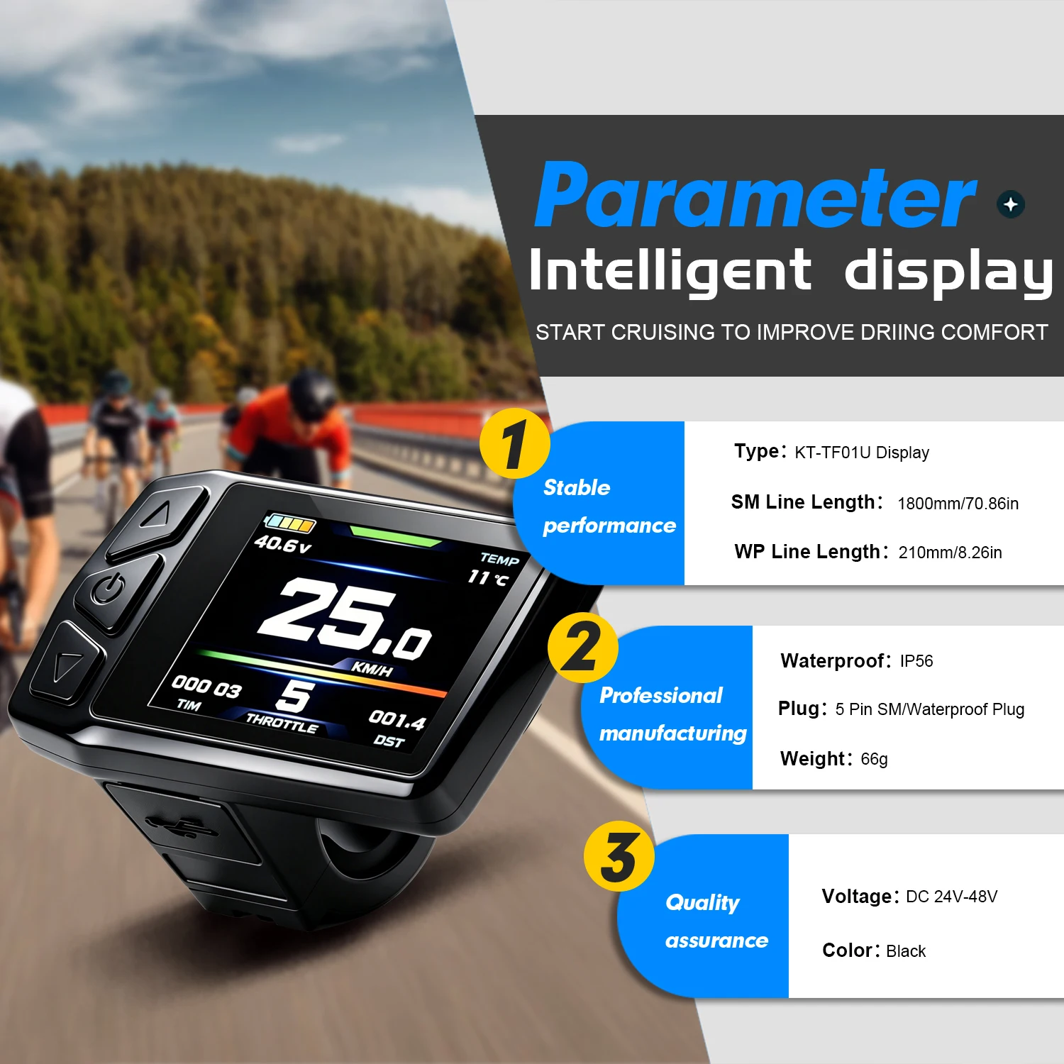 36V 48V KT Electric Bike Sine Wave Brushless Motor Controller 250W-1500W With TF01U Display and PAS and Throttle For E-Scooter view 6