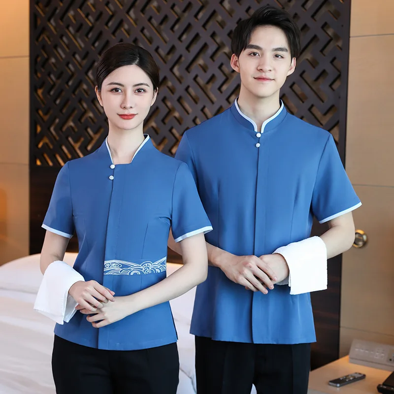 

Униформа для уборщиков отелей для женщин, работающих в отделах продаж недвижимости, униформа для горничных, мужская униформа для обслуживания номеров с коротким рукавом.