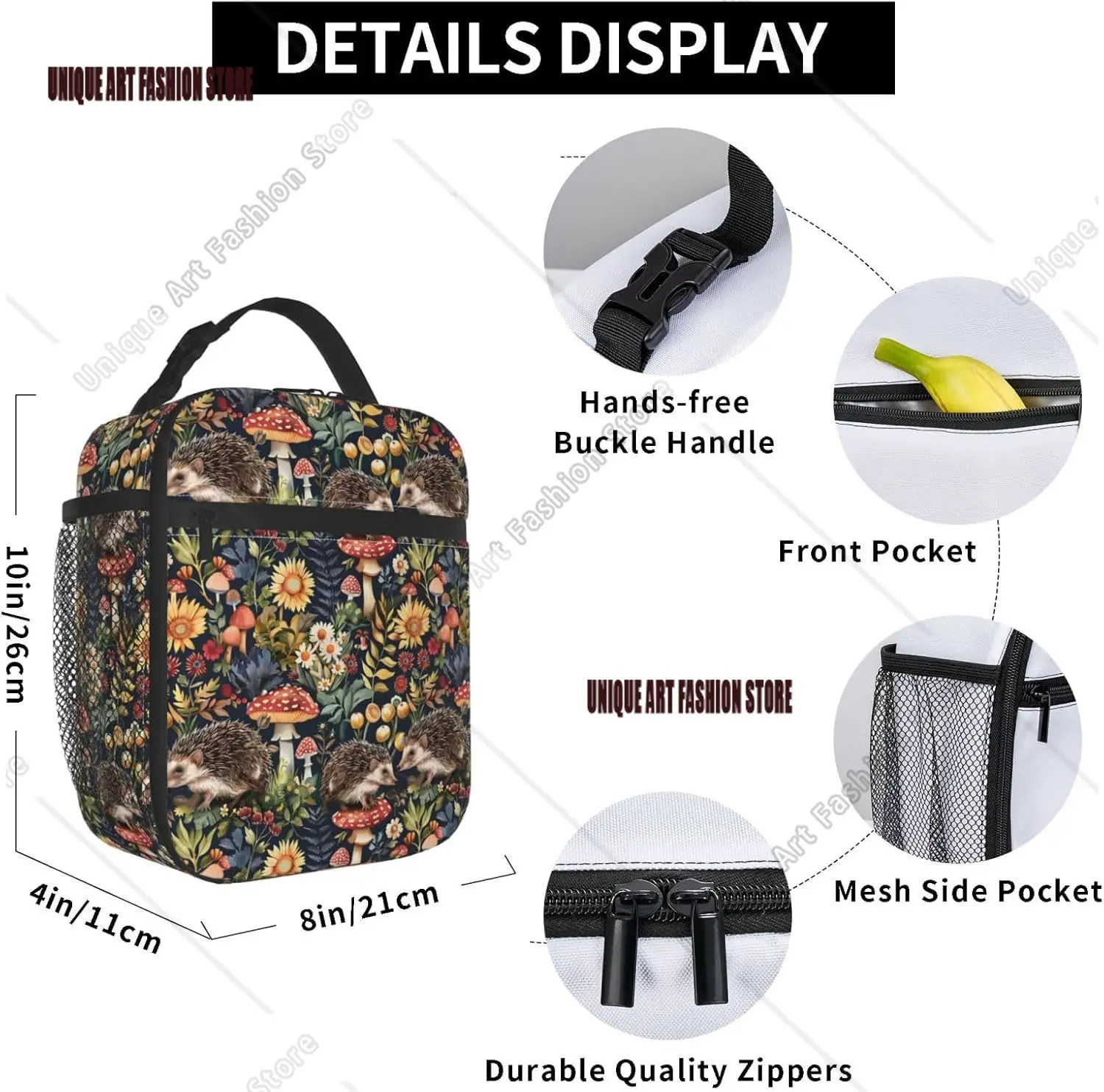 Fiambrera aislada, bolsa de almuerzo reutilizable para la escuela, oficina, trabajo, Picnic, viajes, bosque, erizo, seta, fiambrera