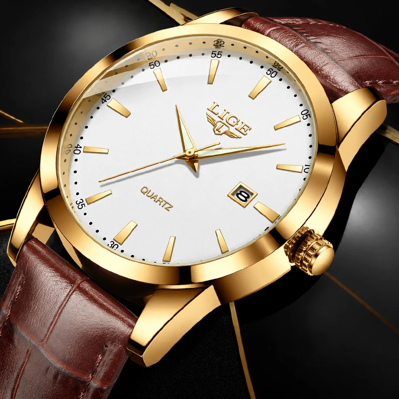 LIGE Top Brand Luxury Mens Watches Classic Business Genuine Leather Quartz Wristwatch Man Outdoor Waterproof Watch for Men Gift