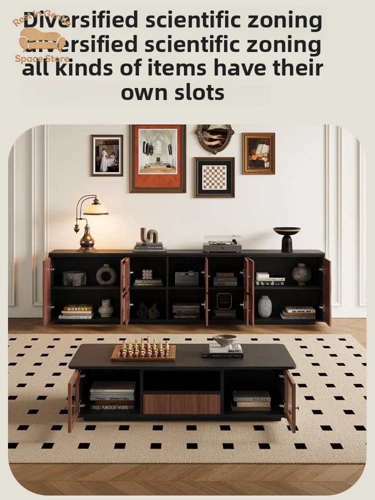 Medieval style bookcase TV cabinet integrated living room solid wood storage locker retro module combination cabinet floor