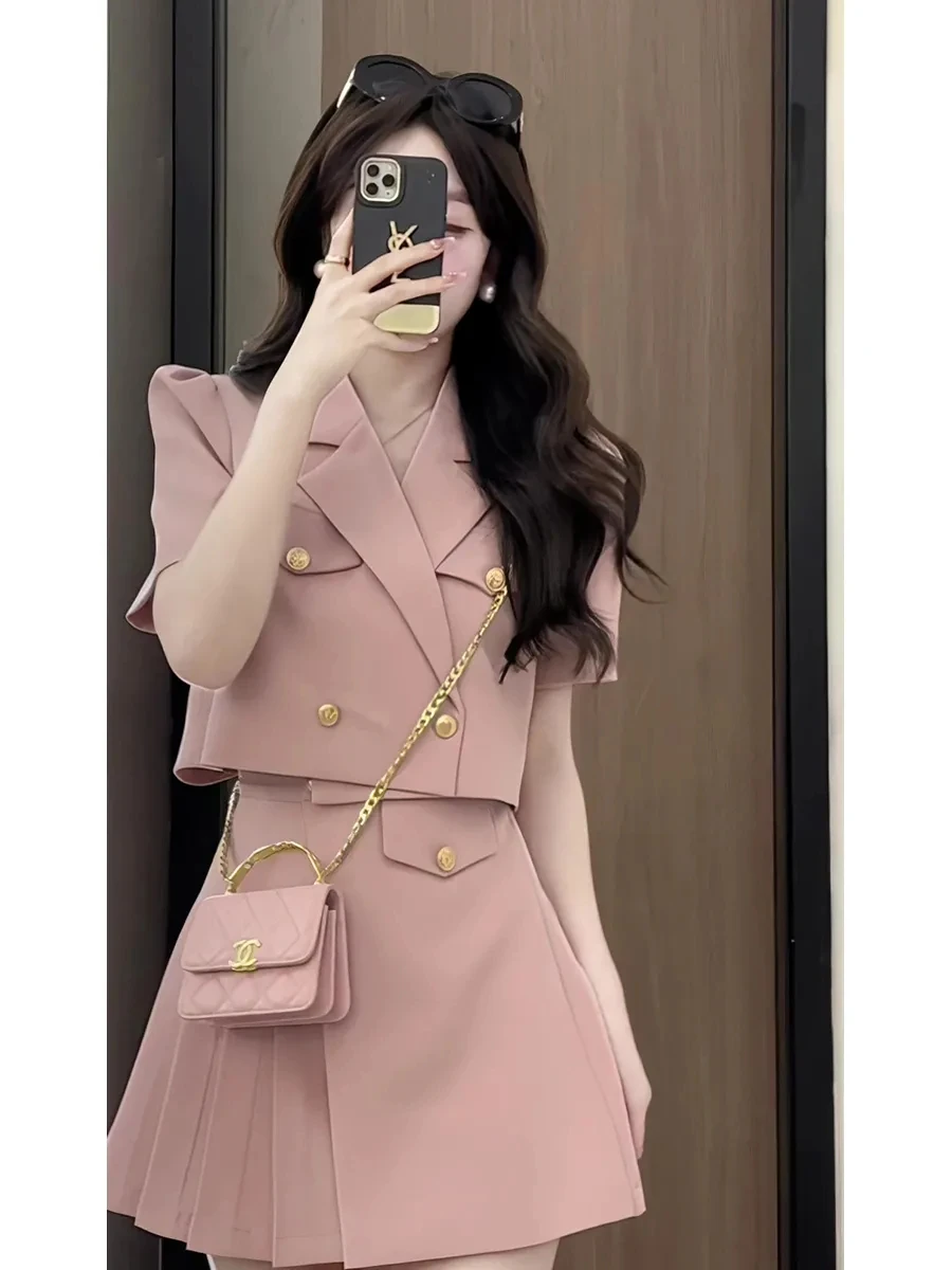 

2024 Summer New 2 Piece Set Fashion Elegant Female Advanced Design Short Sleeve Blazer Coat+Waist Fold Short Skirt Women's Trend