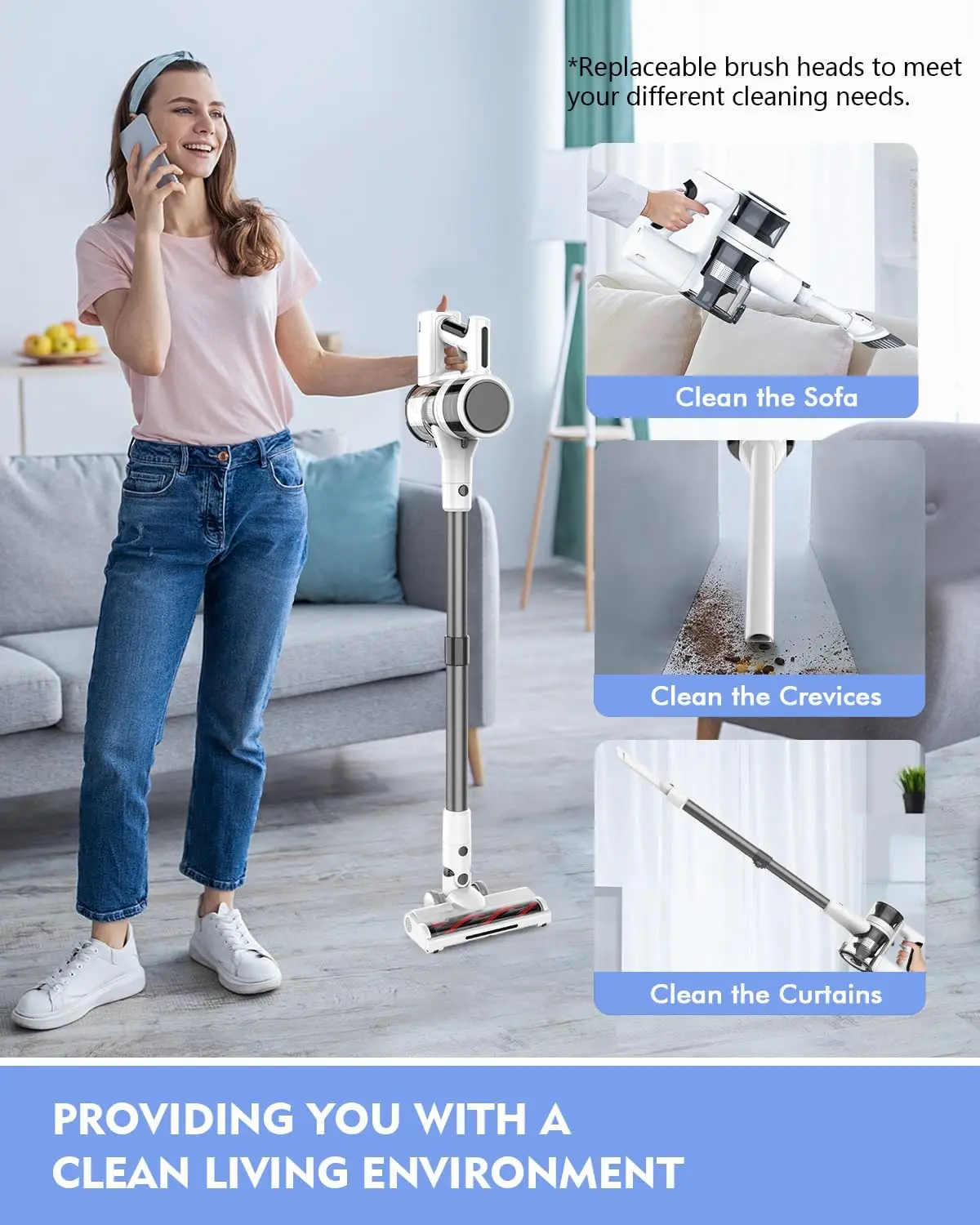 Vacuum Cleaner, 80,000 RPM Motor and Power Filtration, Stick Vacuum with 2200 mAh Battery, 35 Mins Worktime, 2 Modes, R