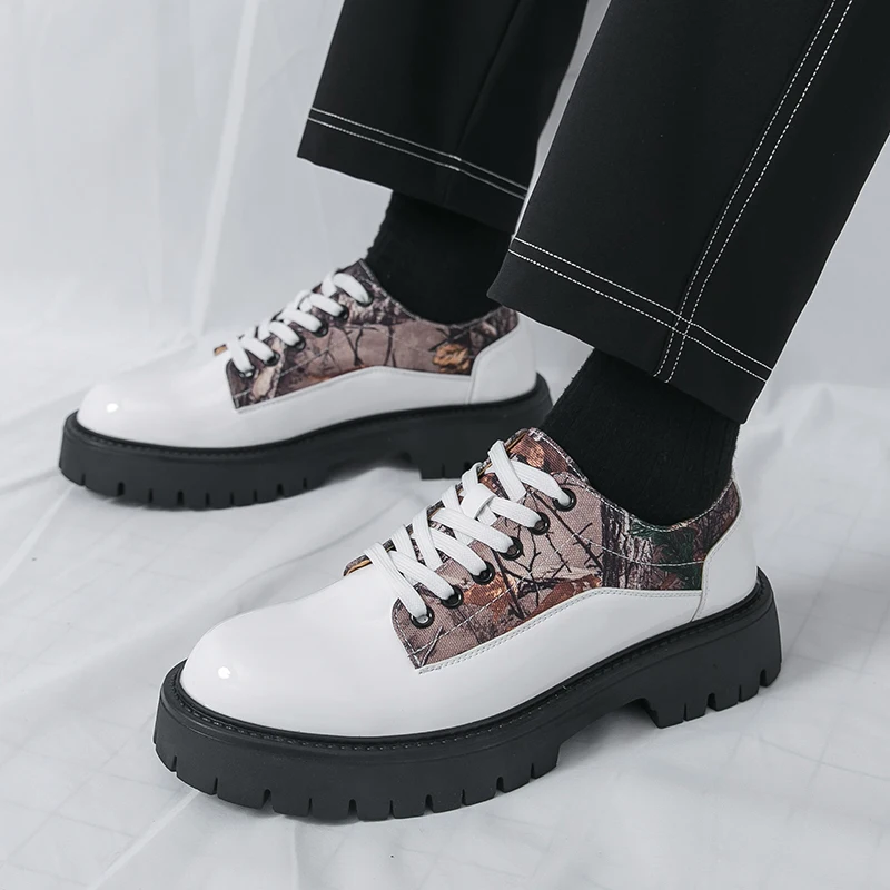 

Spring Brand Fashion Color Blocked Men's Thick Soled Loafers High Quality Comfortable Patent Leather Lace Up Block Leather Shoes