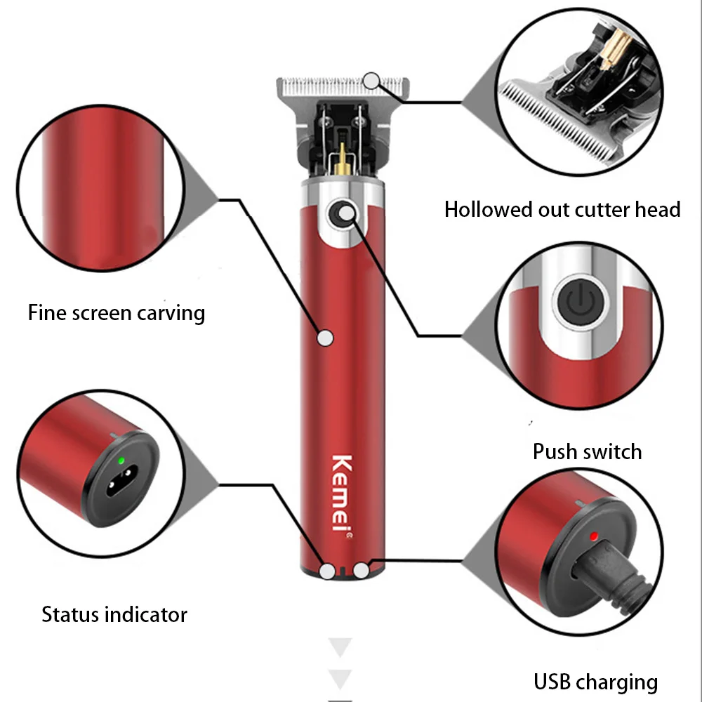 Kemei เครื่องตัดผมแบบวินเทจสำหรับผู้ชายเครื่องตัดผมเครื่องเล็มหนวดไร้สายที่ตัดขนแบบมืออาชีพ