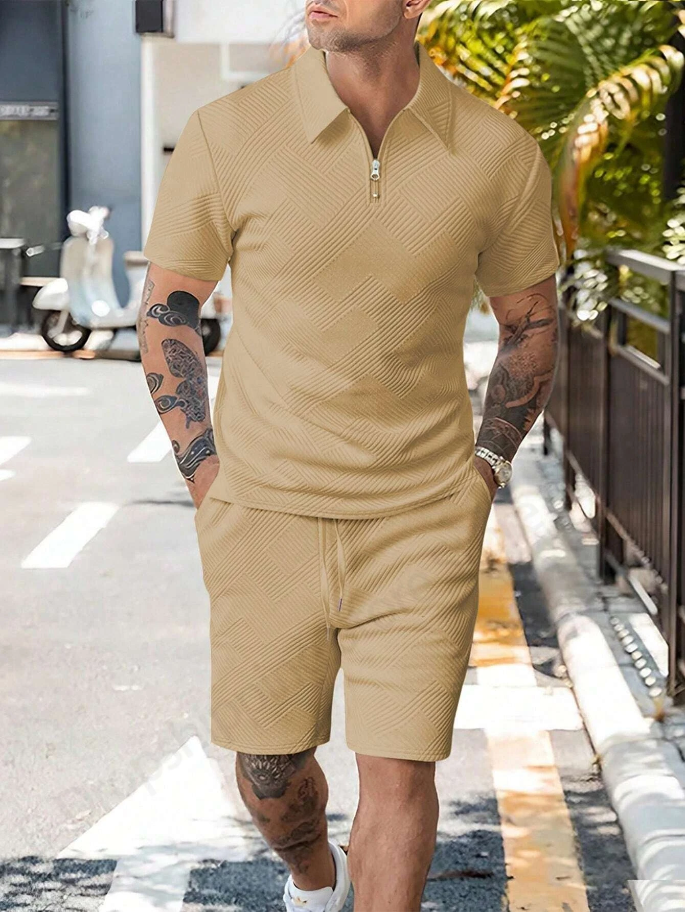 

Men 2piece Sets Quarter Zip 3D Print Men's Sweatsuit Set Summer Zipper Polo Shirt + Shorts 2pcs Sets Man Clothing Tracksuit Set