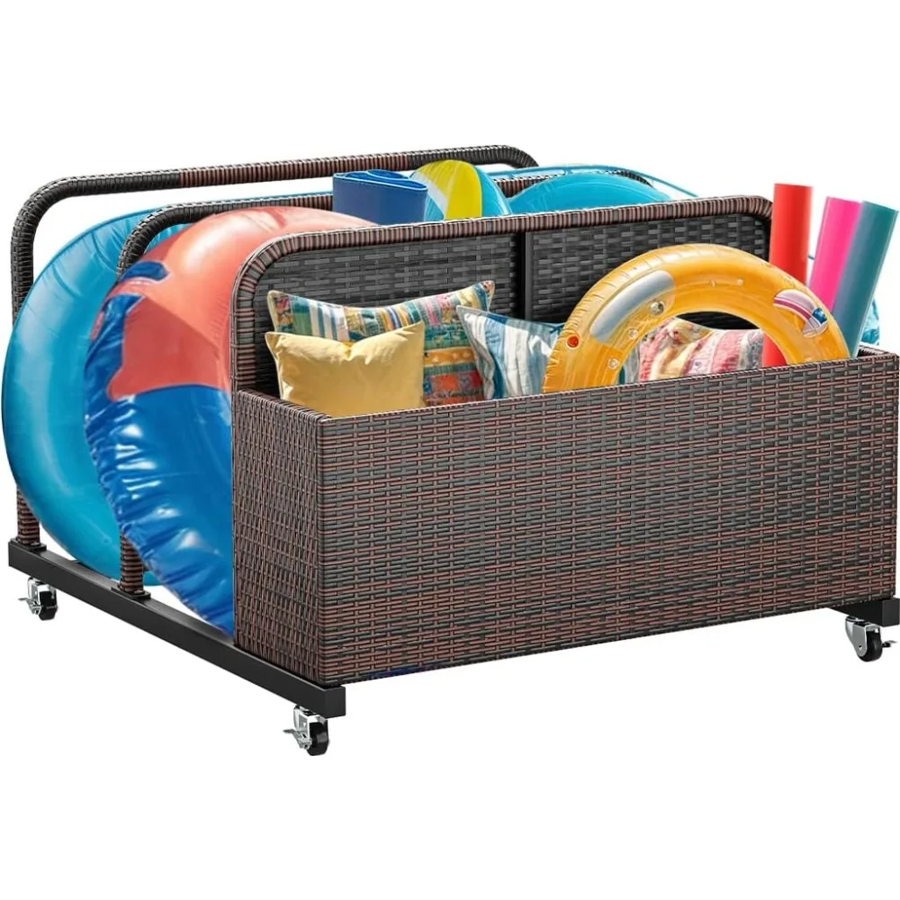 

Outdoor willow terrace pool side float ball storage, PE rattan rolling pool float ball caddy cushion