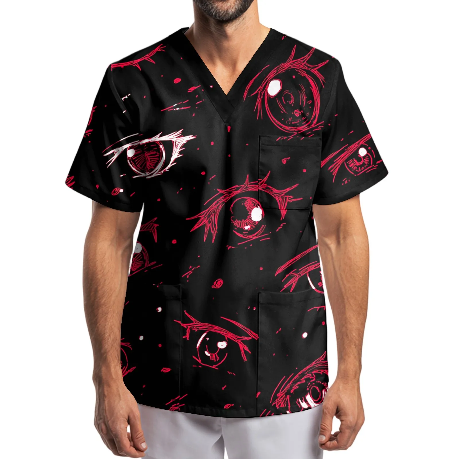 

Medical Uniform Black Short Sleeve Top Trendy Scrub Tees Eye Pattern Design Professional Healthcare Apparel Comfort Workwear