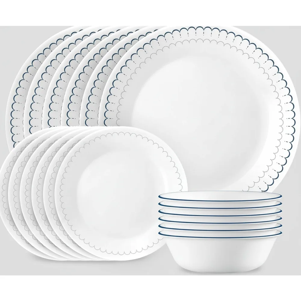 

Набор столовой посуды из 18 предметов, легкие тарелки и миски, устойчивые к сколам, можно использовать в микроволновой печи и в посудомоечной машине.