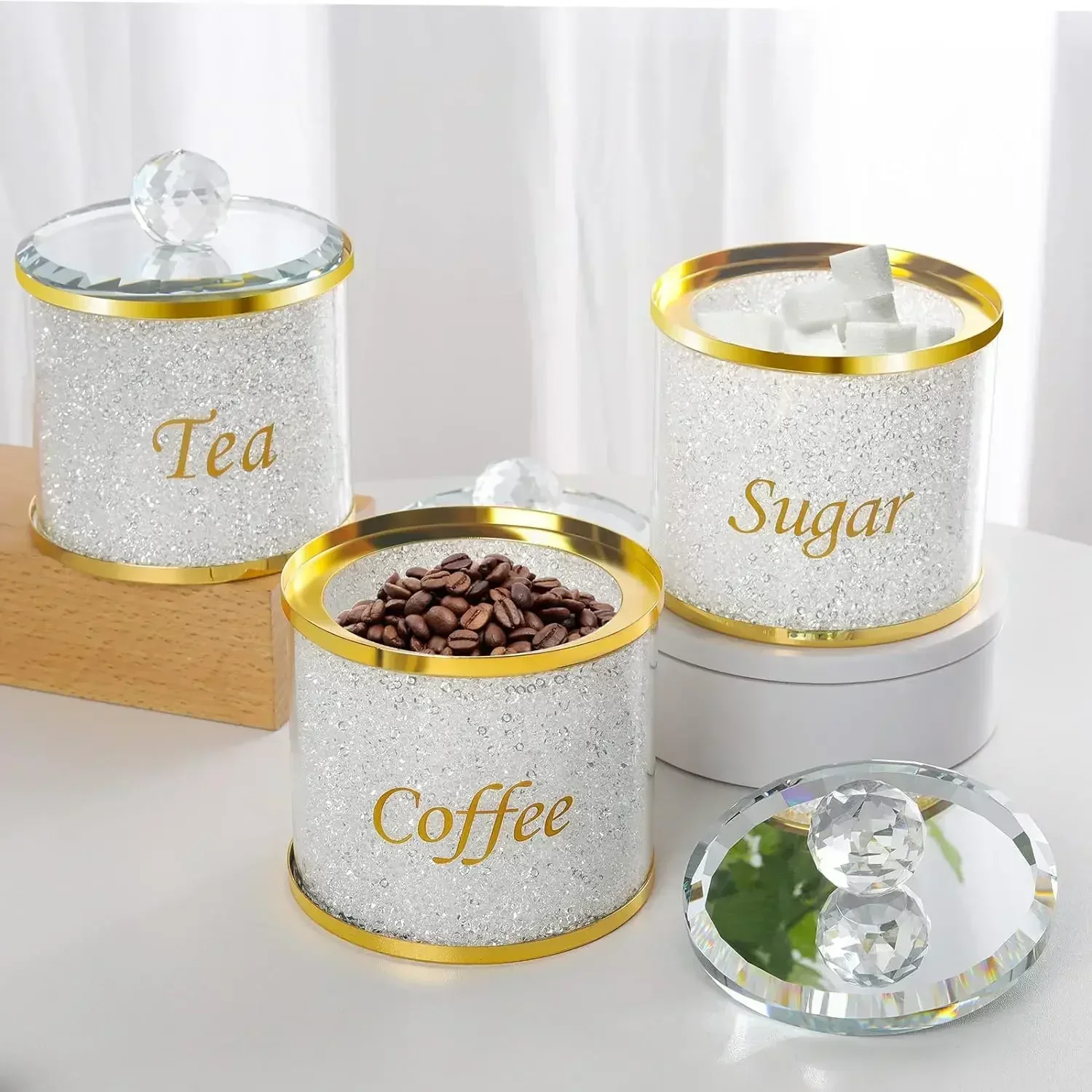 Glass Storage Container Coffee Tea Sugar Jar Set with Bling Crystal Diamonds Decoration Accessories for Kitchen Counter Home Bar