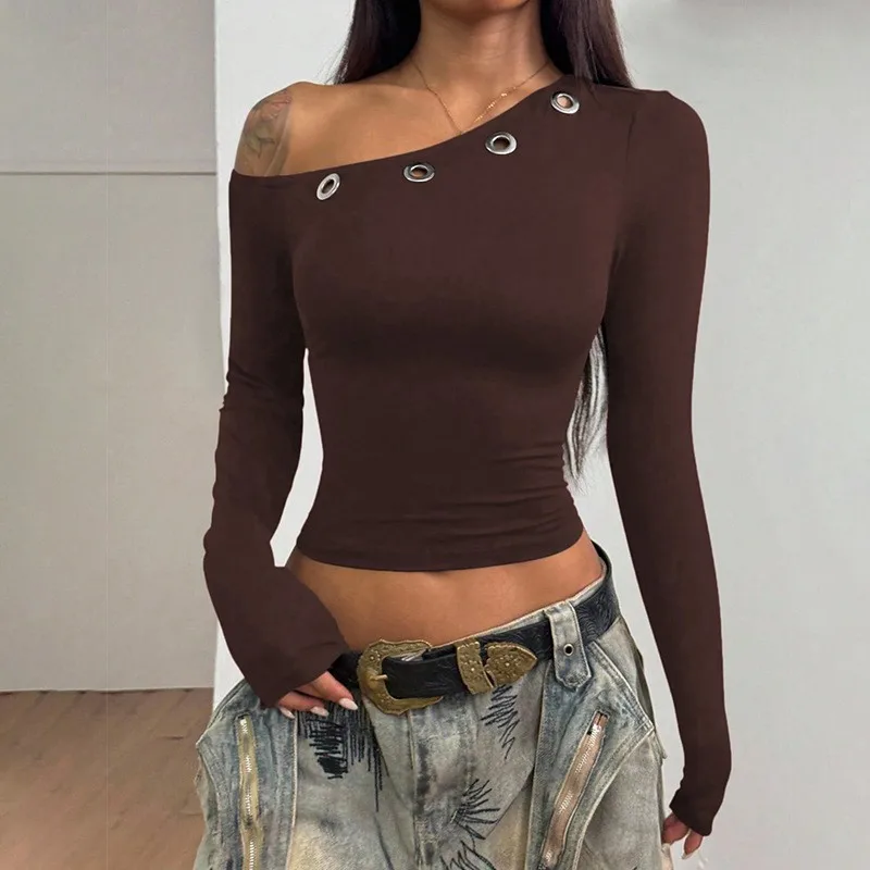 Women's Off Shoulder Long Sleeve Crop Top Solid Color Slim Fit Slant Neck Pullover Street Style Long Sleeve T-shirt Blouse