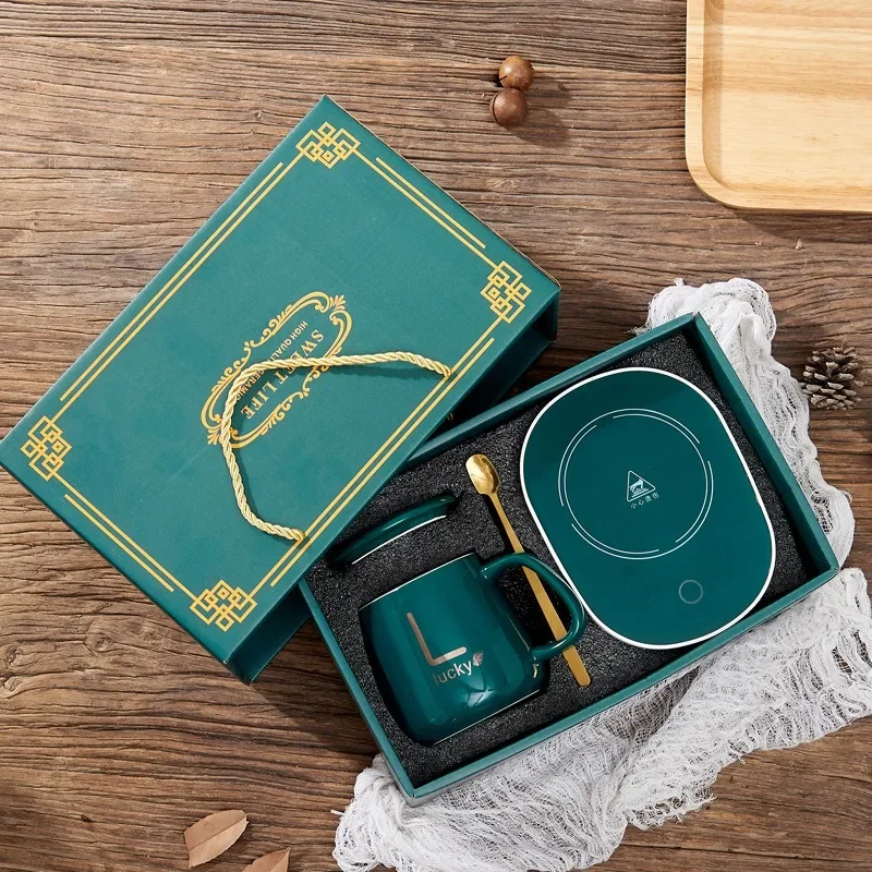Caja Regalo Navidad 55 ℃   Taza termostática con tapa Taza de cerámica con cuchara Taza de café Comida portátil para uso en oficina o en el hogar