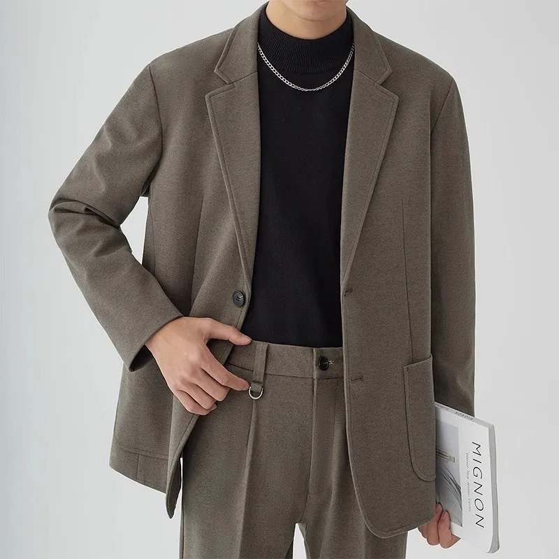 Korean Style Autumn Winter Men Solid Color Single Breasted Long Sleeve Casual Business Daily Simple Basic Suit Blazers Male Coat
