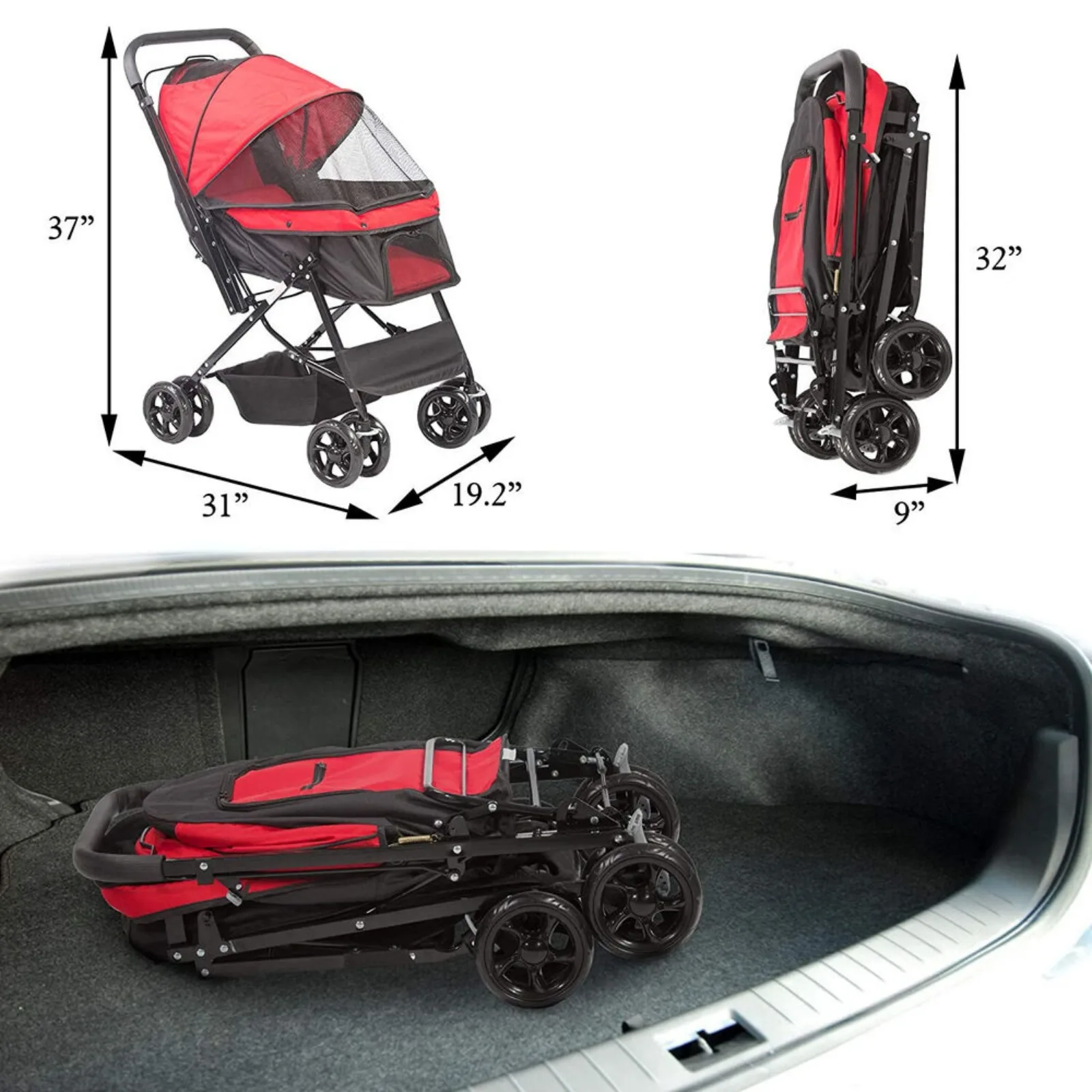 US 4-Wheel Folding Dog Stroller Cart Jogging Cat Dog Cage Pushchair