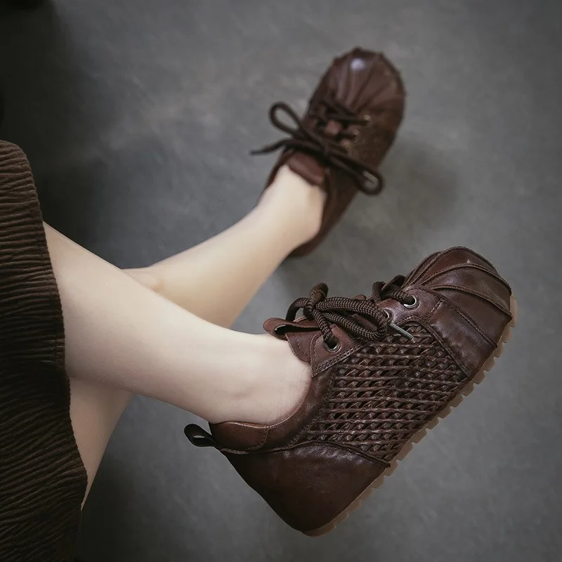 Birkuir Retro Hollow Out Platform Shoes For Women Lace Up Round Toe Flats Soft Genuine Leather Sewn Ladies Luxury Casual Shoes