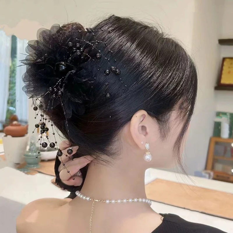 Elegant Women's Mesh Flower Hair Claw and Ponytail Clip - Image 2